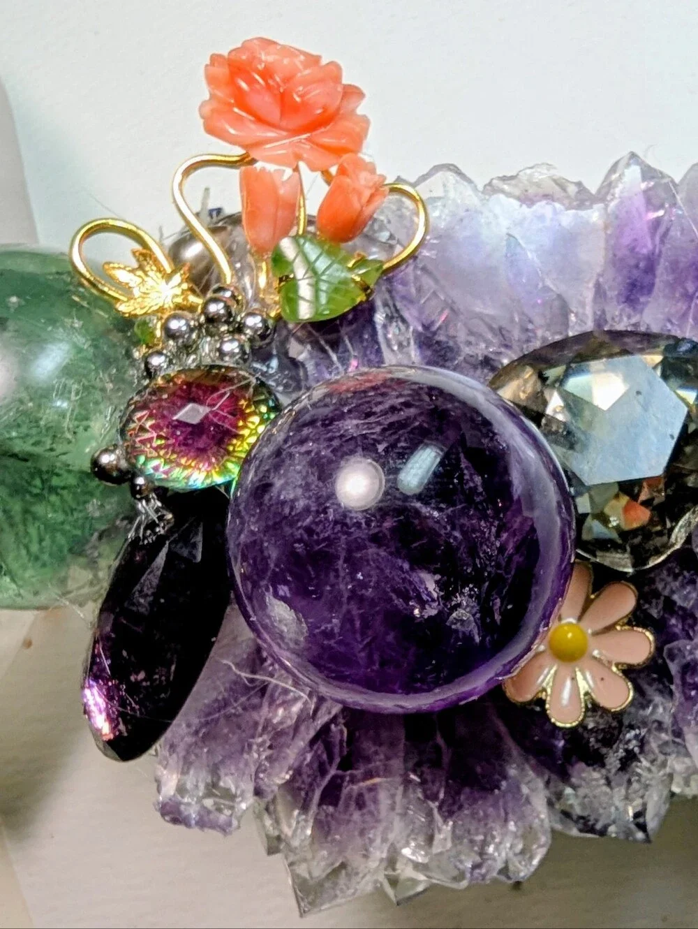 Wendy Gell cuff amethyst slice with two globes Swarovski jewels Tiger eye Amber